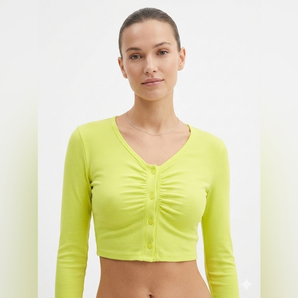 ZARA Neon Lime Ruched Crop Cardigan Top Small